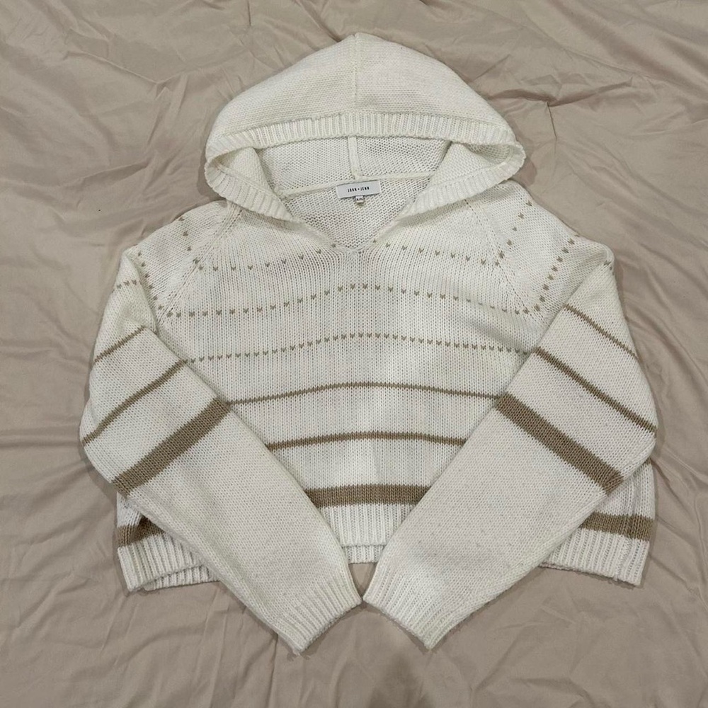 Cozy White and Tan Hooded Sweater